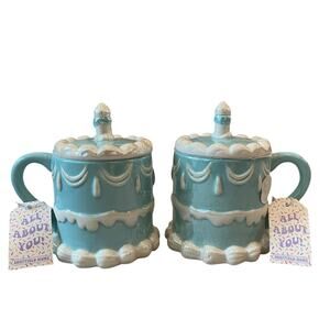 2pc Sheffield Home Hand Painted Blue Happy Birthday Cake Mug with Candle Lid New